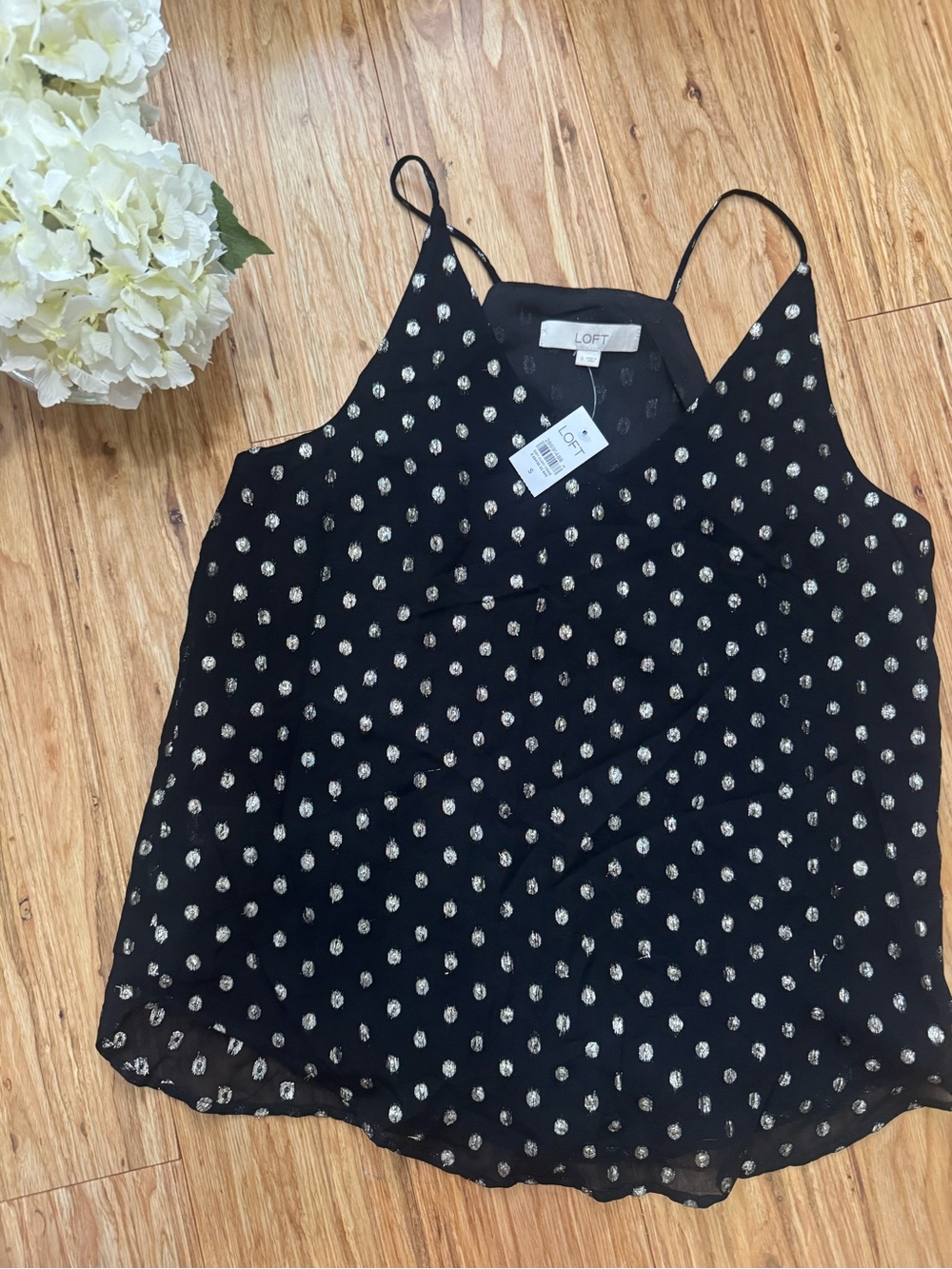 LOFT Black and Gold Polka Dot Spaghetti Strap Cami